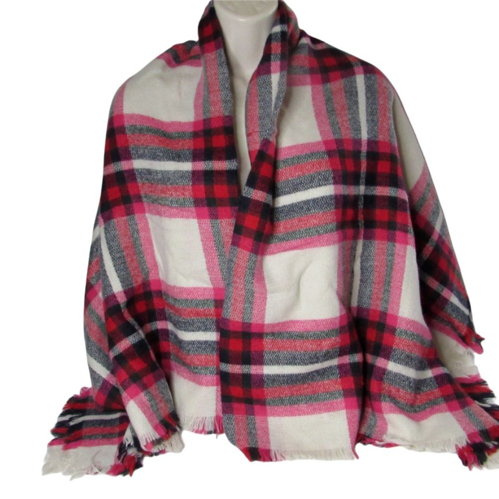 Large Acrylic Knit Plaid Scarf Wrap Red Pink White Black with Fringe